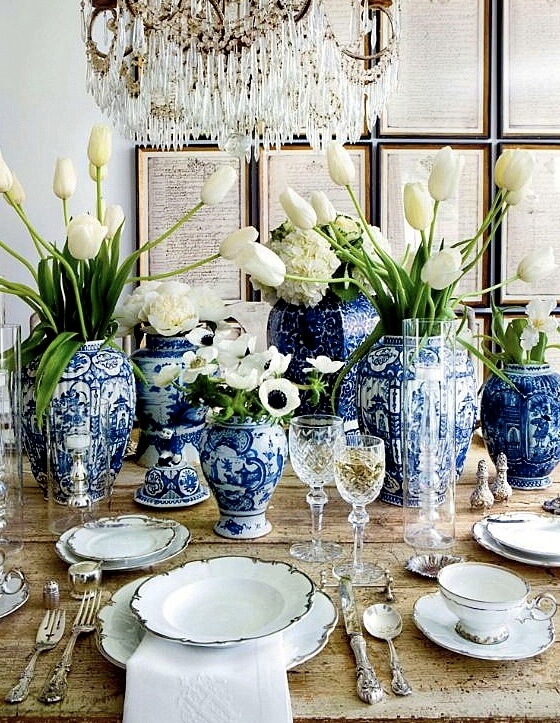 tablescaping with transferware and glassware