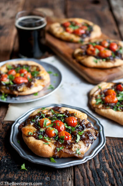 Porter Caramelized Flatbreads with Smoked Gouda and Roasted Tomatoes